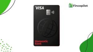 Die Hanseatic Bank GenialCard – eine schwarze VISA-Kreditkarte mit kontaktloser Zahlungsfunktion – wird vor weißem Hintergrund mit dem Fincopilot-Logo dargestellt und steht für moderne Kreditkartenlösungen.