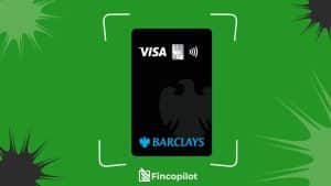 Schwarze Barclays Visa Kreditkarte mit kontaktloser Zahlungsfunktion im Zentrum eines lebendigen grünen Hintergrunds dargestellt. Die Karte zeigt das Visa-Logo, ein Chip-Symbol, ein NFC-Zeichen und das Barclays-Logo mit dem ikonischen Adler in dunklem Schatten. Unten in der Mitte steht der Markenname „Fincopilot“ in Weiß mit einem stilisierten Symbol.
