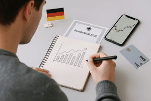 Eine hellhäutige Person sitzt an einem modernen, hellen Schreibtisch und ist konzentriert dabei, finanzielle Daten in ein Spiralnotizbuch mit Diagrammen und Notizen einzutragen. Daneben befinden sich ein geöffnetes Notebook, ein Smartphone mit einem Candlestick-Chart, eine Bankkarte mit deutscher Aufschrift und ein Dokument mit dem Titel „Bundesanleihe“. Eine kleine deutsche Flagge liegt dezent auf dem Tisch und verweist auf den Kontext der finanziellen Planung im Zusammenhang mit Bundesanleihen. Die Szene ist klar beleuchtet, minimalistisch und technologisch gestaltet.