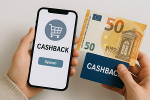 Eine Person tätigt einen Einkauf in Deutschland mit einer Cashback-App auf dem Smartphone, hält einen 50-Euro-Schein und eine Treuekarte – ein realistisches Szenario zur Nutzung von Cashback-Programmen in moderner, minimalistischer Umgebung.