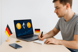 Ein junger Mann mit heller Haut und kurzen braunen Haaren sitzt konzentriert an einem aufgeräumten Schreibtisch in einem modernen Raum. Er trägt ein graues T-Shirt und arbeitet an einem Laptop, dessen Bildschirm Symbole verschiedener Kryptowährungen wie Bitcoin, Ethereum und Ripple zeigt. Auf dem Tisch liegen außerdem eine physische Bitcoin-Münze, ein Smartphone und eine kleine deutsche Flagge. Die Szene ist klar beleuchtet, wirkt minimalistisch und technologisch – ideal zur Darstellung von Finanzplanung und Investitionen in Kryptowährungen in Deutschland.