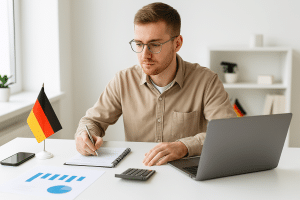 Ein junger Mann sitzt an einem aufgeräumten, hellen Schreibtisch in einem modernen Homeoffice. Er trägt ein beigefarbenes Hemd und konzentriert sich darauf, finanzielle Notizen in ein Notizbuch zu schreiben, während er gleichzeitig auf seinem silbernen Laptop arbeitet. Auf dem Schreibtisch befinden sich außerdem verschiedene Büromaterialien, ein Smartphone, eine Tasse und eine kleine deutsche Flagge, die dezent im Hintergrund platziert ist. Die Szene vermittelt eine klare, minimalistische und technologische Atmosphäre – passend zur Darstellung des Systems der Steuerzahlung für Fernarbeitnehmer in Deutschland.