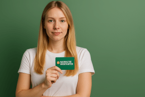 Eine junge blonde Frau mit langen, glatten Haaren trägt ein weißes T-Shirt und steht vor einem einfarbig grünen Hintergrund. Sie hält eine grüne Kreditkarte mit der Aufschrift „Nachhaltige Kreditkarten“ in beiden Händen auf Brusthöhe und blickt ruhig in die Kamera. Die Szene vermittelt das Thema umweltfreundlicher und bewusster Finanzlösungen.