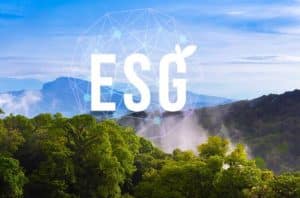 Eine grüne Waldlandschaft vor einem klaren blauen Himmel mit dem großen weißen Schriftzug „ESG“ im Vordergrund, umgeben von einem transparenten, vernetzten Kugeldiagramm. Die Darstellung symbolisiert den Fokus auf ökologische Nachhaltigkeit, soziale Verantwortung und gute Unternehmensführung – zentrale Werte im ESG-Konzept.
