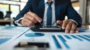 Ein Finanzexperte im Anzug berechnet sorgfältig Zahlen mit einem Taschenrechner, um Diagramme und Statistiken zu analysieren – ein Symbol für die Bedeutung von Bilaterale Steuerabkommen bei internationalen Investitionen.