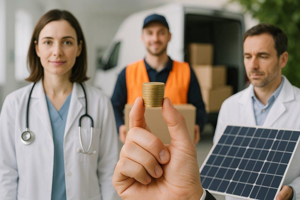 Im Vordergrund hält jemand einen kleinen Münzstapel, während im Hintergrund Fachkräfte aus verschiedenen Bereichen – eine Ärztin, ein Logistikmitarbeiter und ein Techniker mit Solarpanel – stehen. Das Bild steht für sektorübergreifende Investitionen in Gesundheit, Energie und Logistik.