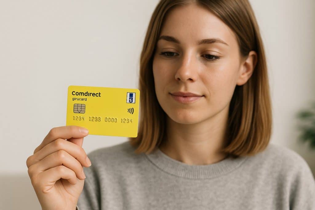 Eine junge Frau mit schulterlangem braunem Haar hält eine gelbe Comdirect-Girocard in der Hand und betrachtet sie aufmerksam. Der Hintergrund ist neutral und hell, was Einfachheit und Modernität hervorhebt.