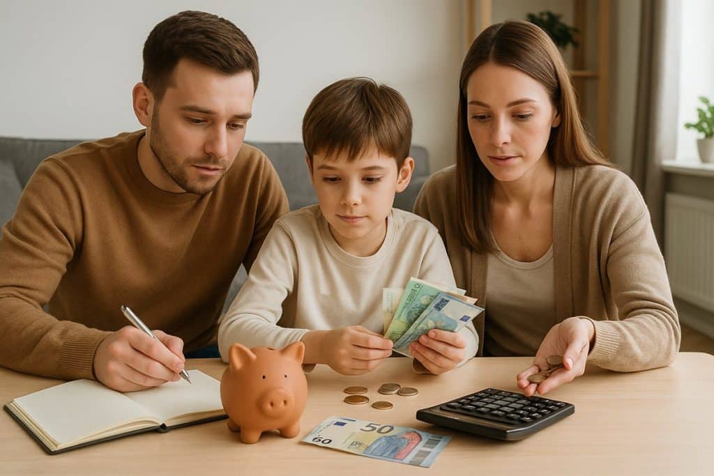 Ein Mann und eine Frau sitzen mit ihrem Sohn an einem Tisch, zählen Euro-Banknoten und Münzen. Vor ihnen steht ein Sparschwein, ein Taschenrechner und ein Notizbuch. Das Bild zeigt familiäre Haushaltsplanung und Sparen.