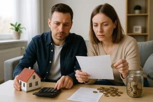 Ein Paar sitzt an einem Tisch, schaut besorgt auf ein Dokument und einen Taschenrechner. Neben ihnen liegen Münzen und ein Glas voller Ersparnisse. Das Bild symbolisiert finanzielle Planung und Ausgabenkontrolle im Haushalt.