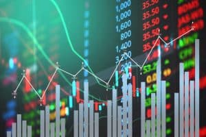 Digitale Börsengrafik mit steigenden Balken und Linien, die die Performance von Deutsche Aktien und internationalen Märkten darstellen.