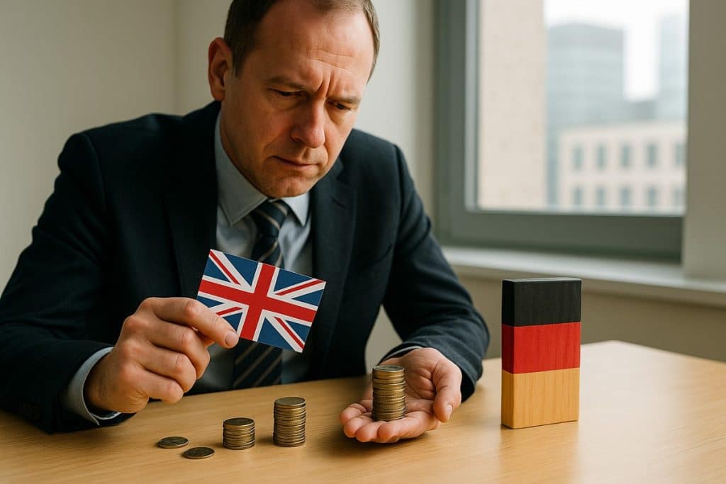 Ein Geschäftsmann hält eine kleine britische Flagge in der Hand und betrachtet nachdenklich gestapelte Münzen auf dem Tisch. Neben ihm steht ein Block in den Farben der deutschen Flagge. Das Bild thematisiert den wirtschaftlichen Einfluss des Vereinigten Königreichs auf Deutschland.