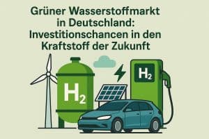 „Illustrative Infografik mit hellem Hintergrund und dem Titel ‚Grüner Wasserstoffmarkt in Deutschland: Investitionschancen in den Kraftstoff der Zukunft‘. Im unteren Bereich stehen Symbole für die Wasserstoff-Wertschöpfung: links ein Windrad und ein großer grüner H₂-Tank, daneben eine Solaranlage und ein Blitz als Hinweis auf erneuerbaren Strom. Rechts befindet sich eine grüne Wasserstoff-Zapfsäule mit ‚H₂‘-Kennzeichnung. Davor steht ein blaues Auto, das für wasserstoffbasierte Mobilität steht. Die Gesamtkomposition vermittelt den Ausbau erneuerbarer Energien, Wasserstoffproduktion und Nutzung im Verkehrssektor in Deutschland.“