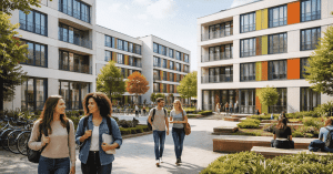 Moderne Wohnanlage mit Menschen im Aussenbereich, symbolisiert Investitionen in Immobilien und Stadtentwicklung.