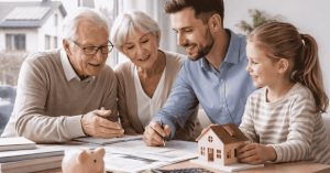 Familie plant gemeinsam Finanzen und Wohneigentum, im Zusammenhang mit Investitionen.