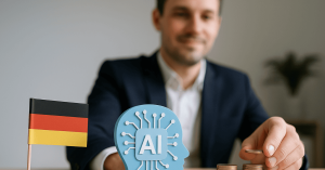 Ein Geschäftsmann sitzt an einem Schreibtisch neben einem humanoiden Roboter und prüft eine Karte, was digitale Finanzberatung und moderne **Investitionen** mit KI-Unterstützung symbolisiert.