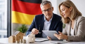 Geschäftsleute analysieren Investitionen gemeinsam am Tablet, mit Sparschwein, Münzen und Hausmodellen auf dem Tisch.