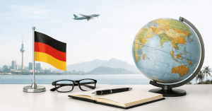 Internationale Investitionen mit deutscher Flagge, Globus, Notizbuch und Brille auf einem Schreibtisch vor moderner Stadtkulisse und Flugzeug am Himmel.