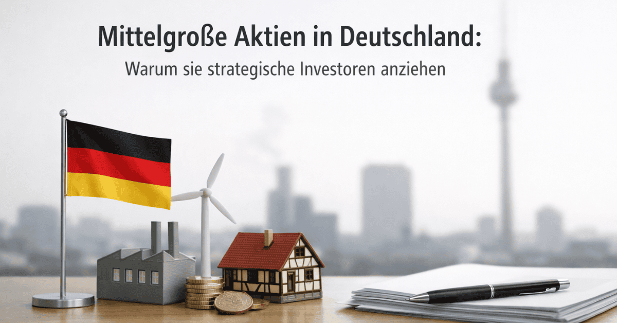 German flag next to miniature factory, wind turbine, and traditional house with stacked coins, papers, and pen in the foreground, under the headline “Mid-cap Stocks in Germany: Why They Attract Strategic Investors,” with a blurred city skyline in the background.