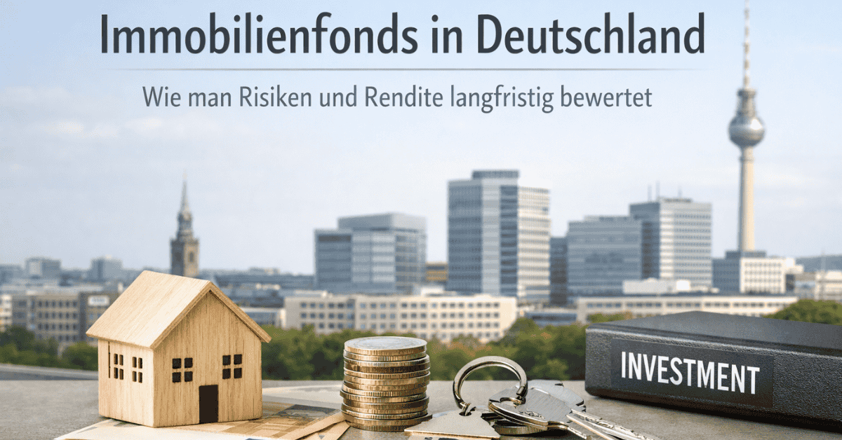 Immobilienfonds in Deutschland mit Stadtsilhouette im Hintergrund, kleinem Holzhaus, Münzstapel, Schlüsseln und einem Ordner mit der Aufschrift „Investment“, symbolisch für langfristige Investitionen, Risiko- und Renditebewertung im Immobilienmarkt.