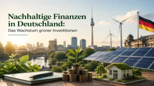 Nachhaltige Finanzinvestitionen in Deutschland mit Solarpanelen, Windkraftanlagen und grüner Architektur vor moderner Stadtkulisse bei natürlichem Licht.