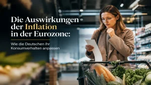 Junge Frau überprüft ihren Einkaufsbon im Supermarkt während der Inflation in der Eurozone, realistische Darstellung veränderten Konsumverhaltens deutscher Verbraucher in moderner Umgebung.