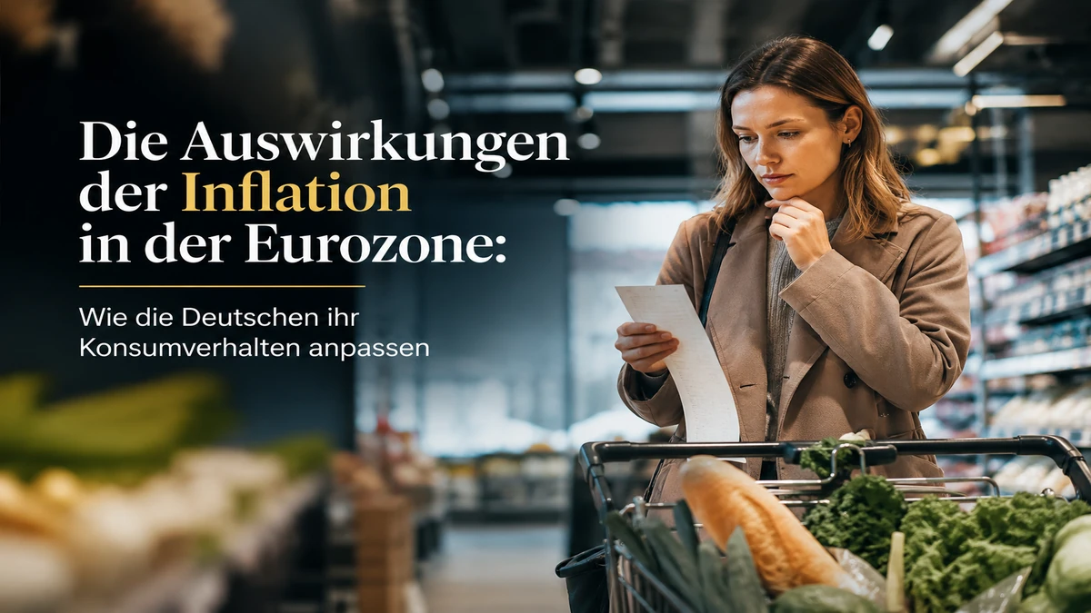 Junge Frau überprüft ihren Einkaufsbon im Supermarkt während der Inflation in der Eurozone, realistische Darstellung veränderten Konsumverhaltens deutscher Verbraucher in moderner Umgebung.