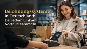 Junge Frau nutzt ein digitales Belohnungssystem beim kontaktlosen Bezahlen in modernem Geschäft in Deutschland und sammelt Vorteile bei jedem Einkauf.