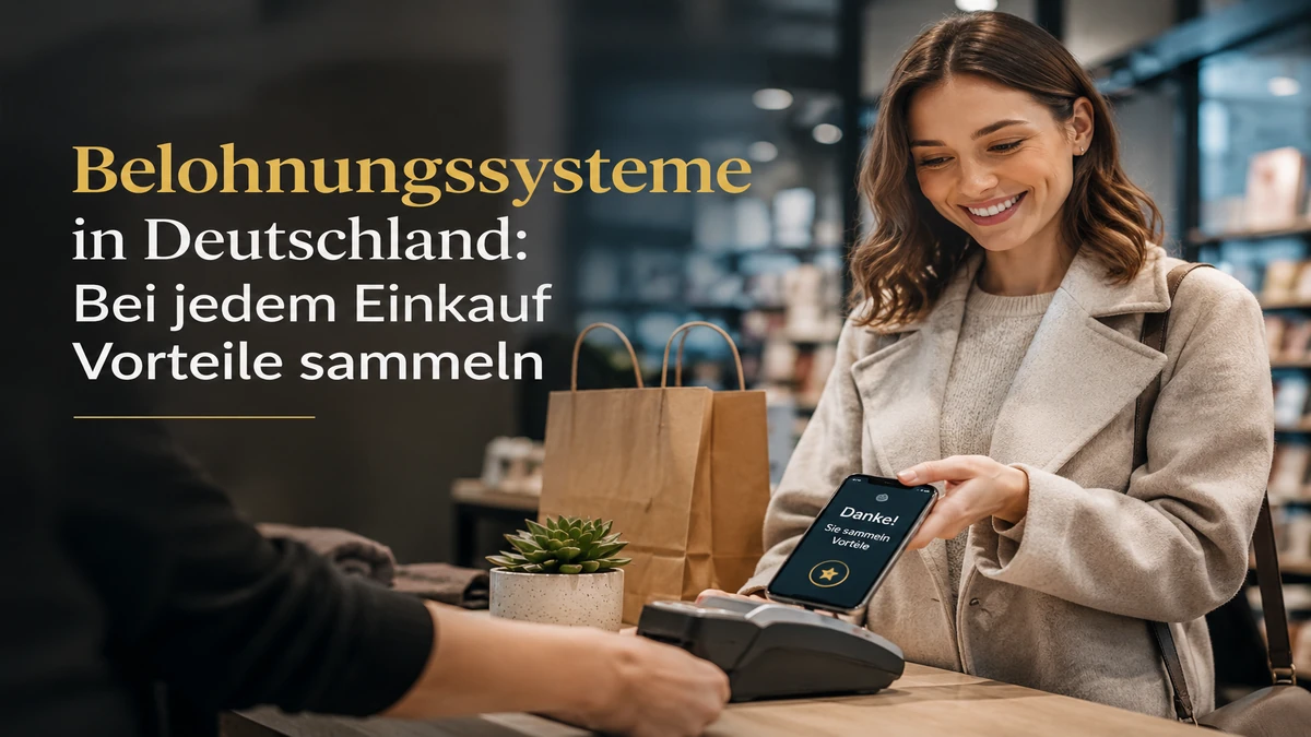 Junge Frau nutzt ein digitales Belohnungssystem beim kontaktlosen Bezahlen in modernem Geschäft in Deutschland und sammelt Vorteile bei jedem Einkauf.