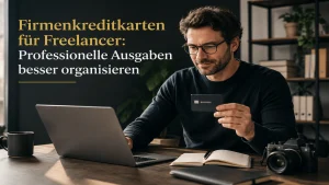 Freelancer arbeitet im modernen Homeoffice mit Firmenkreditkarte und Laptop, professionelle Organisation geschäftlicher Ausgaben in stilvoller Arbeitsumgebung.